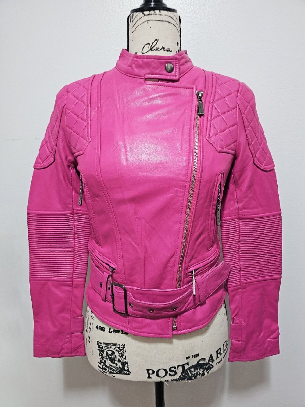New Real Lamb Leather Motorcycle Biker Ride Jacket Military Distressed Hot Pink